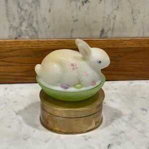 Rare Vintage hand-painted Fenton Art Glass covered dish, Bunny on Nest